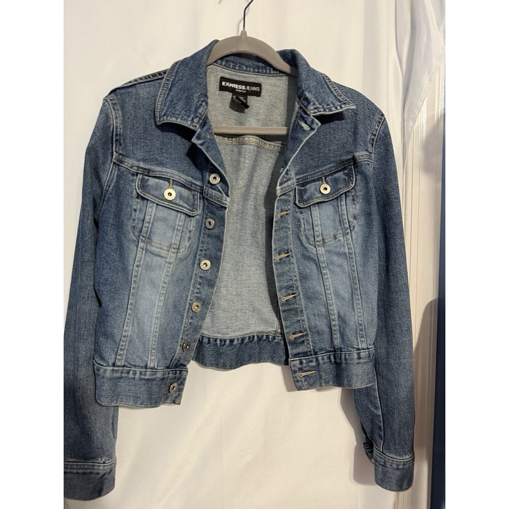 Express Jeans Womens‎ M Cropped Denim Jacket Stretch Medium Wash